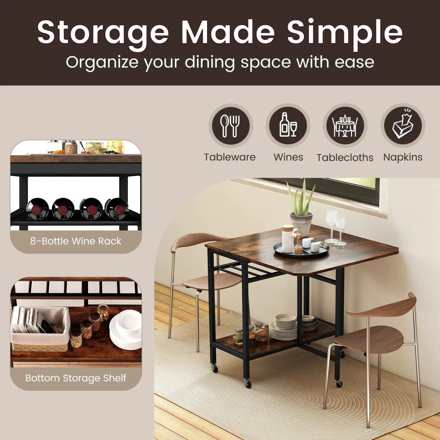 Folding Dining Table with Expandable Laptop with Wine Rack and Wheels-Rustic Brown by DirectDeals
