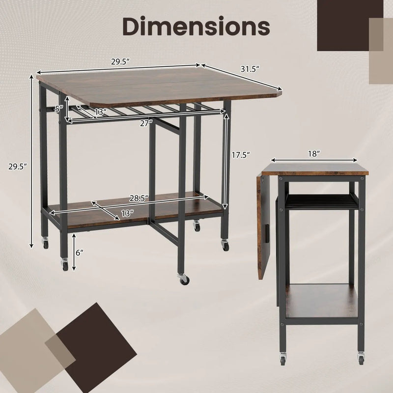 Folding Dining Table with Expandable Laptop with Wine Rack and Wheels-Rustic Brown by DirectDeals