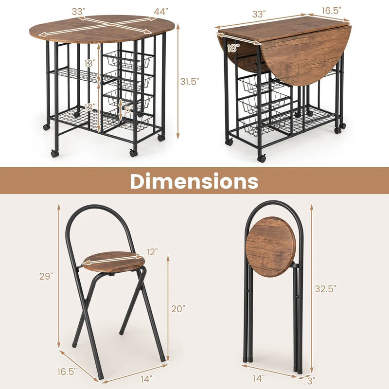 3 Pieces Folding Dining Table and Chair Set-Rustic Brown by DirectDeals