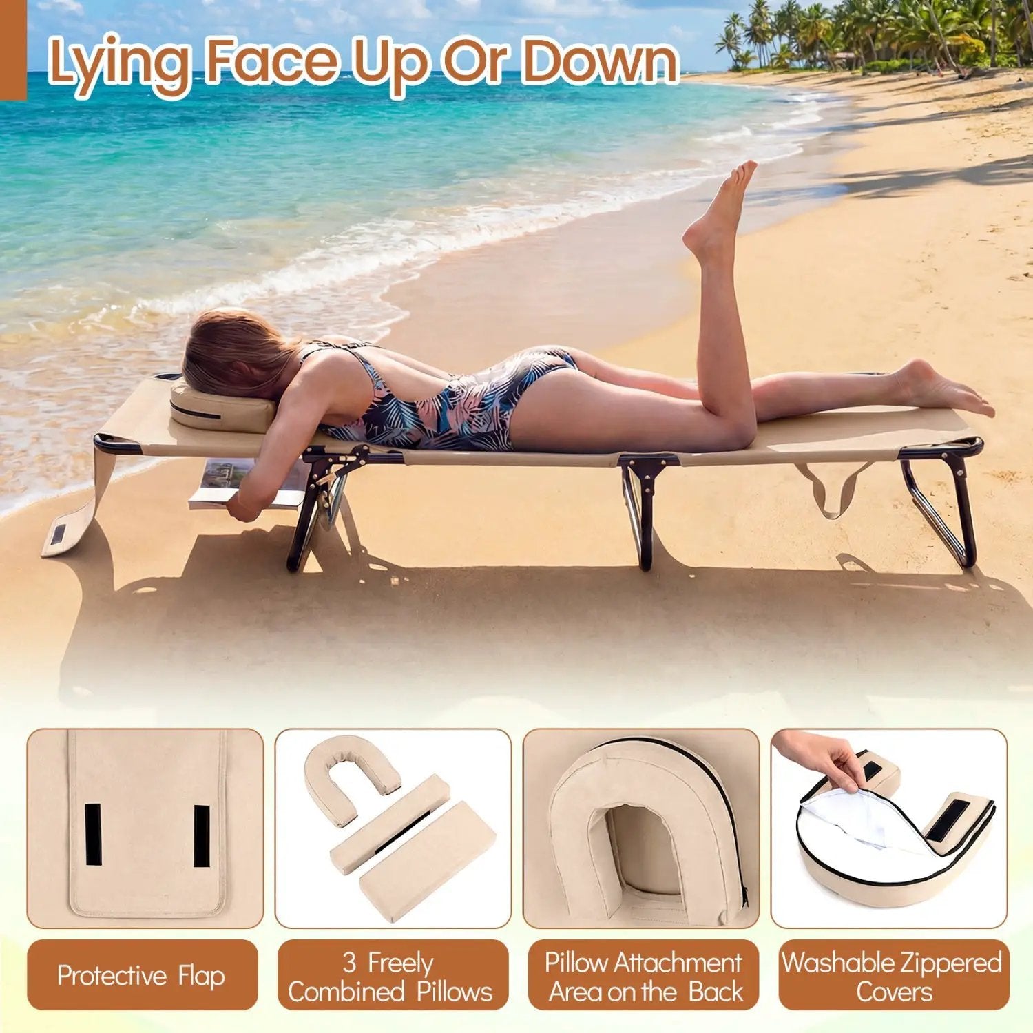 Folding Face Down Tanning Chair with Face Hole 3 Removable Pillows by DirectDeals