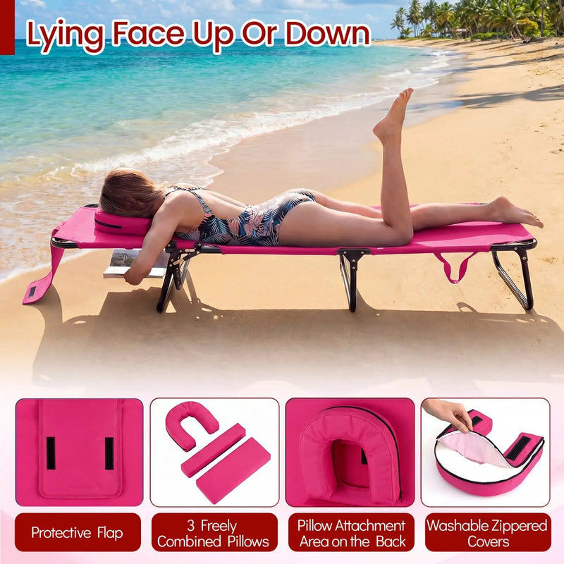 Folding Face Down Tanning Chair with Face Hole 3 Removable Pillows