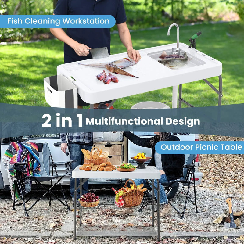 2 in 1 Folding Fish Cleaning Table with Sink and Faucet for Patio BBQ by DirectDeals