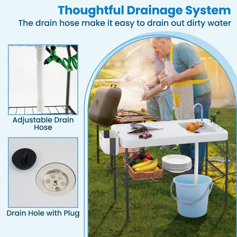 2 in 1 Folding Fish Cleaning Table with Sink and Faucet for Patio BBQ by DirectDeals