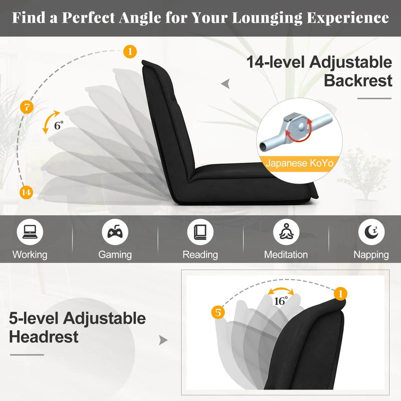 Folding Floor Chair Convertible Lazy Chair with 14-Poistion Adjustable Backrest by DirectDeals