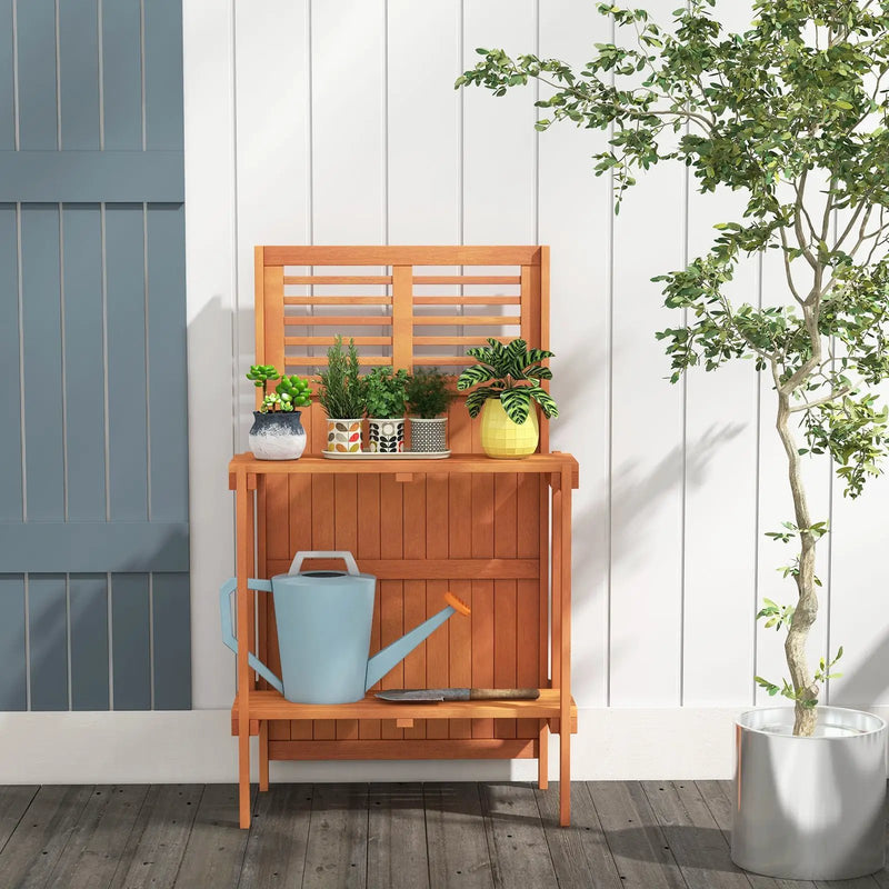 Folding Garden Potting Bench with 2-tier Storage Shelves and Teak Oil Finish for Garden Yard Balcony by DirectDeals
