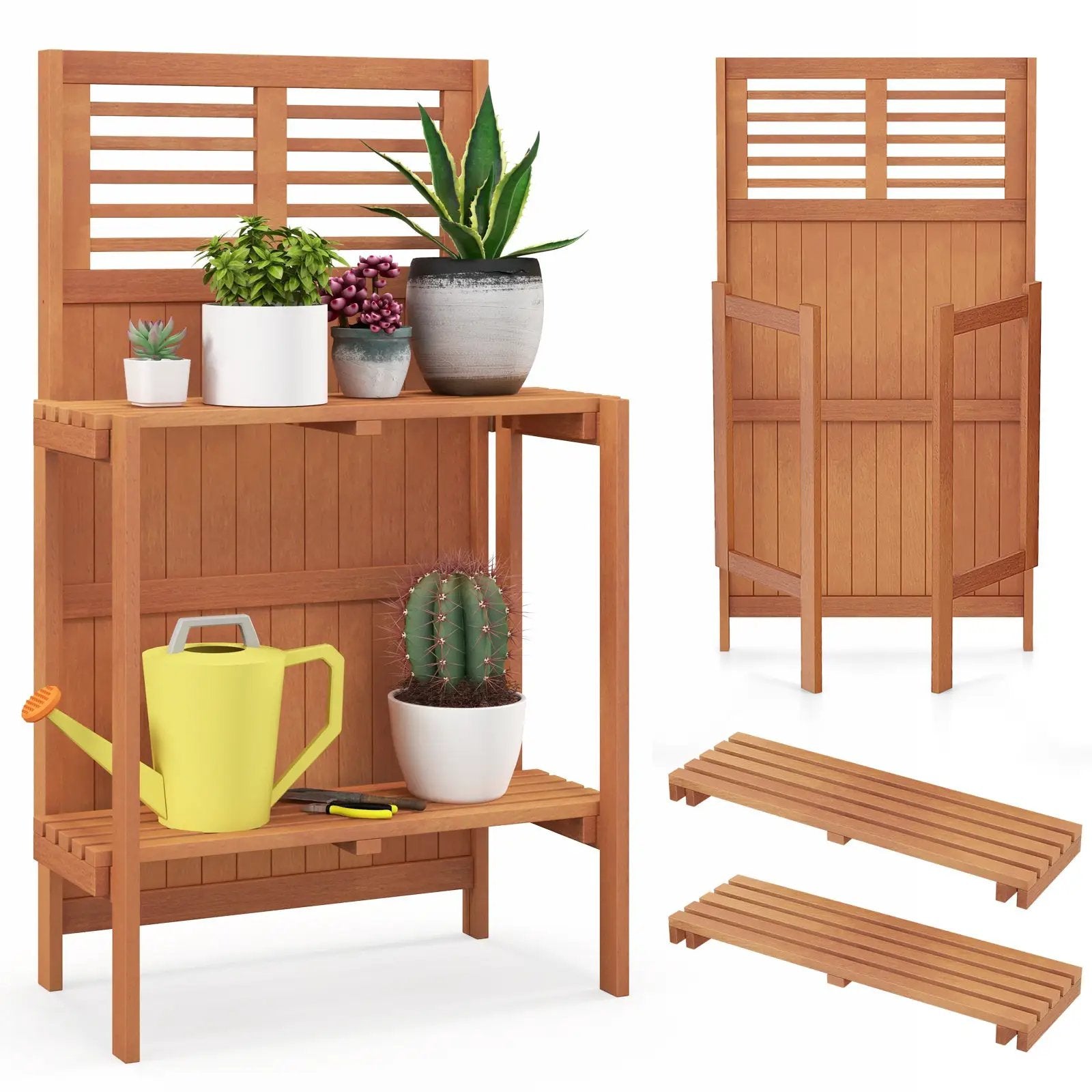 Folding Garden Potting Bench with 2-tier Storage Shelves and Teak Oil Finish for Garden Yard Balcony by DirectDeals