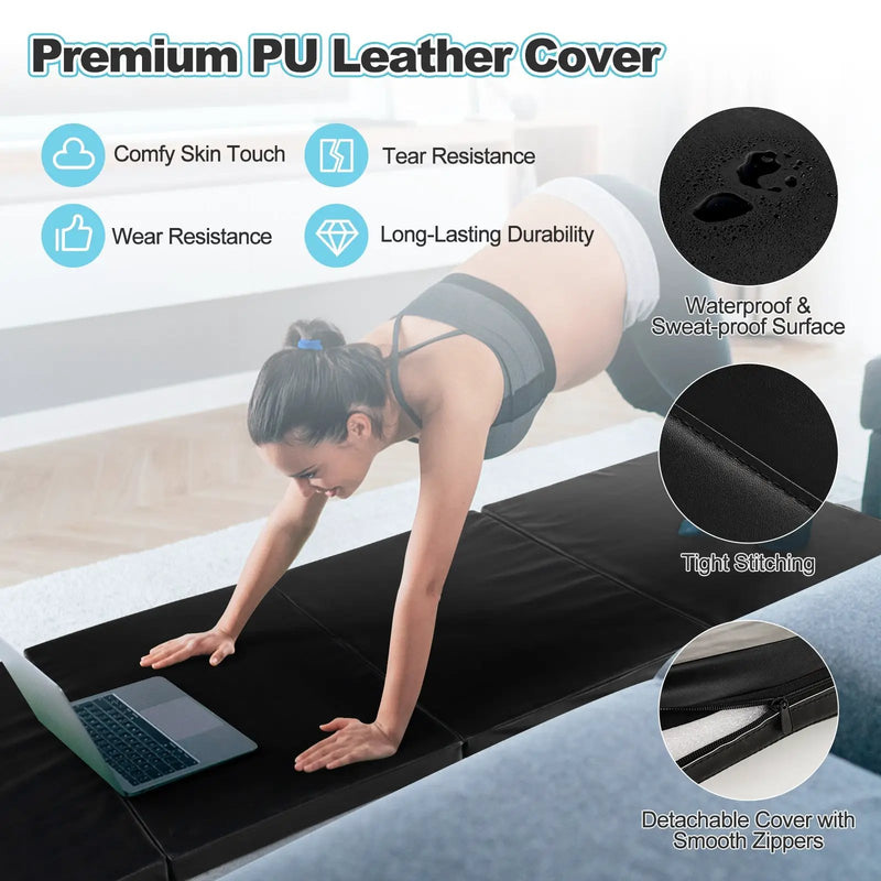 Folding Gymnastics Mat with Carry Handles and Sweatproof Detachable PU Leather Cover by DirectDeals