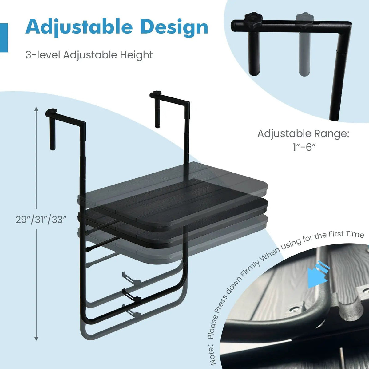 Folding Hanging Table with 3-Level Adjustable Height for Patio Balcony, photo 6 of 7