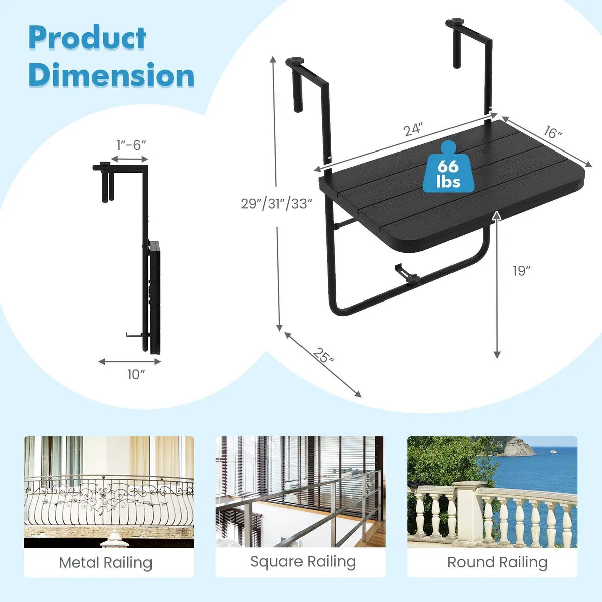 Folding Hanging Table with 3-Level Adjustable Height for Patio Balcony, photo 5 of 7