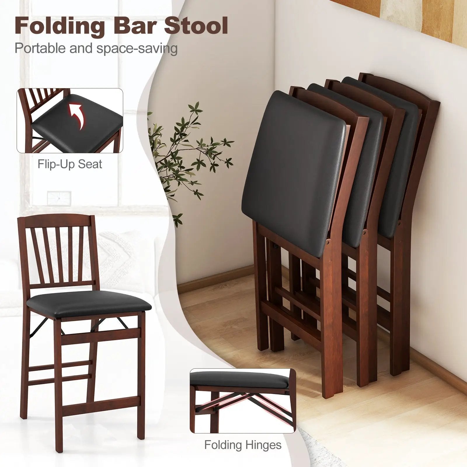 Set of 2 Counter Height Chairs Folding Kitchen Island Stool with Padded Seat-Brown by DirectDeals