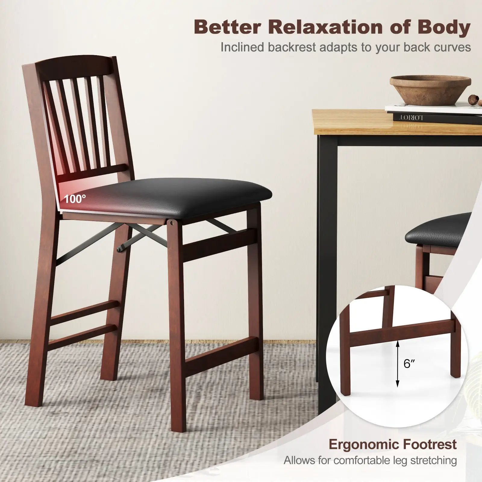 Set of 2 Counter Height Chairs Folding Kitchen Island Stool with Padded Seat-Brown by DirectDeals