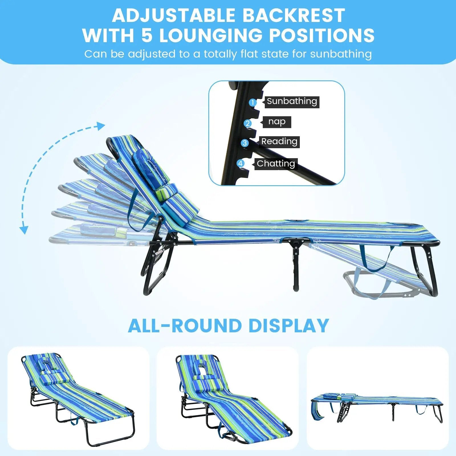 Beach Chaise Lounge Chair with Face Hole and Removable Pillow-Blue & Green by DirectDeals