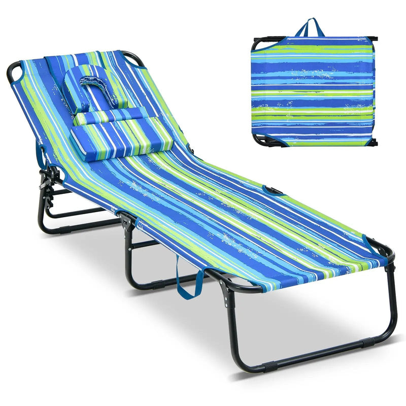 Beach Chaise Lounge Chair with Face Hole and Removable Pillow-Blue & Green by DirectDeals