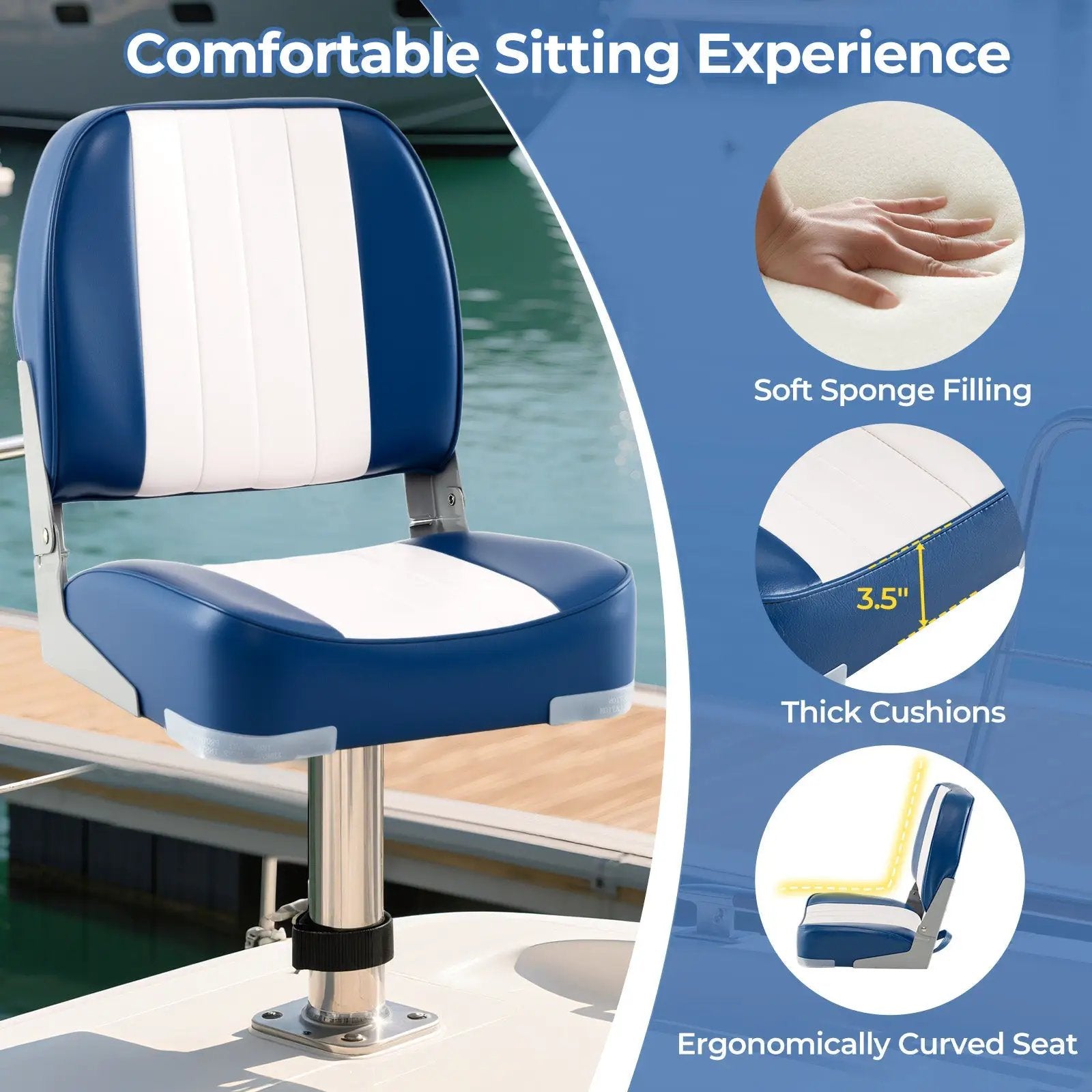 2-Pack Boat Seats Folding Low Back Boat Chairs Waterproof PVC Leather Cabin Seating by DirectDeals
