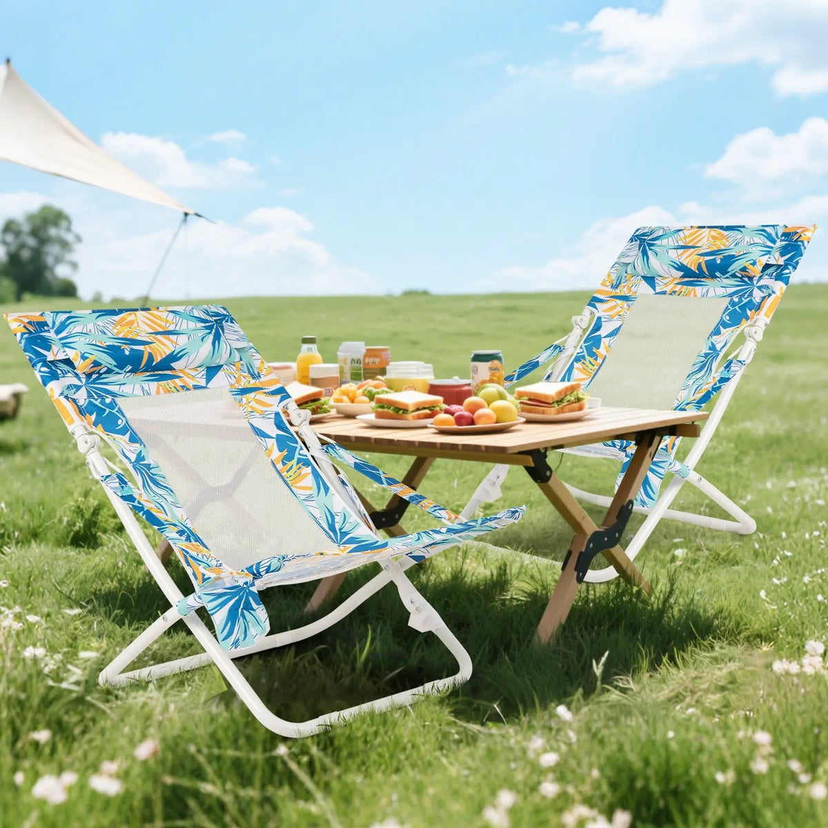Folding Low Beach Chair Set of 2 Patio Sling Chairs with Padded Head Pillow, photo 3 of 16