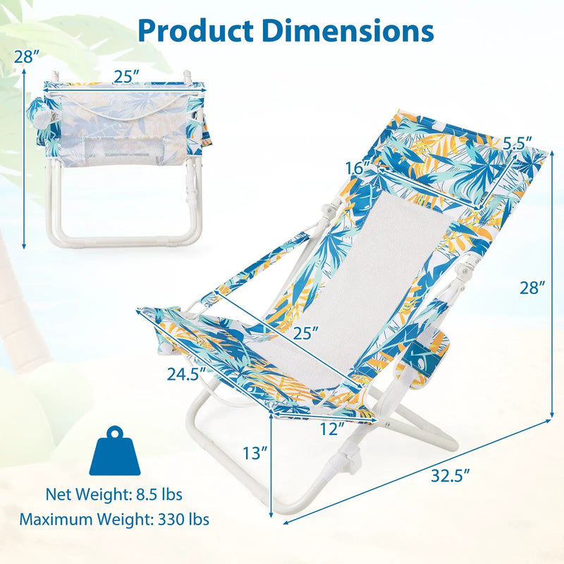 Folding Low Beach Chair Set of 2 Patio Sling Chairs with Padded Head Pillow by DirectDeals