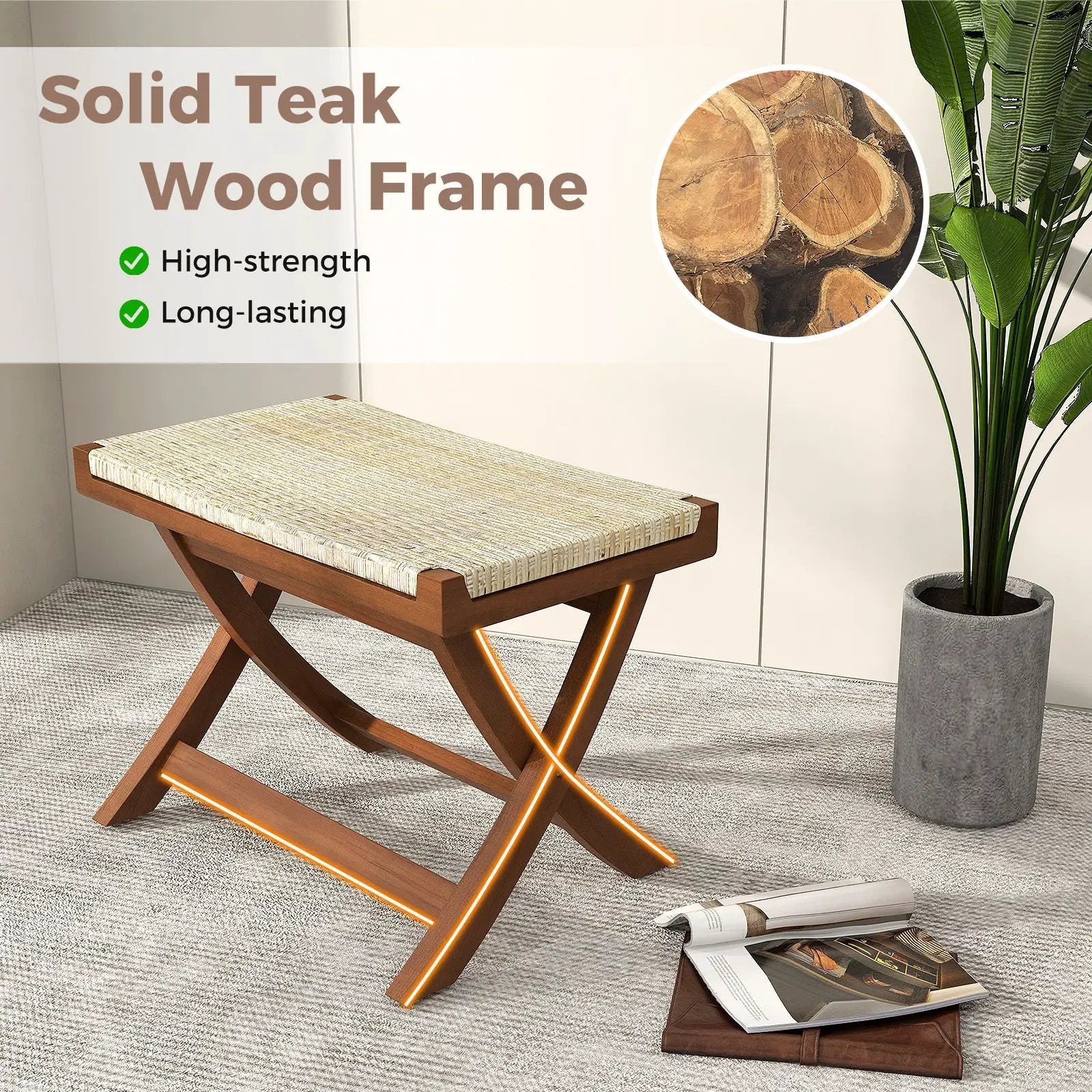 Folding Natural Rattan Ottoman with Hand-woven Seat by DirectDeals
