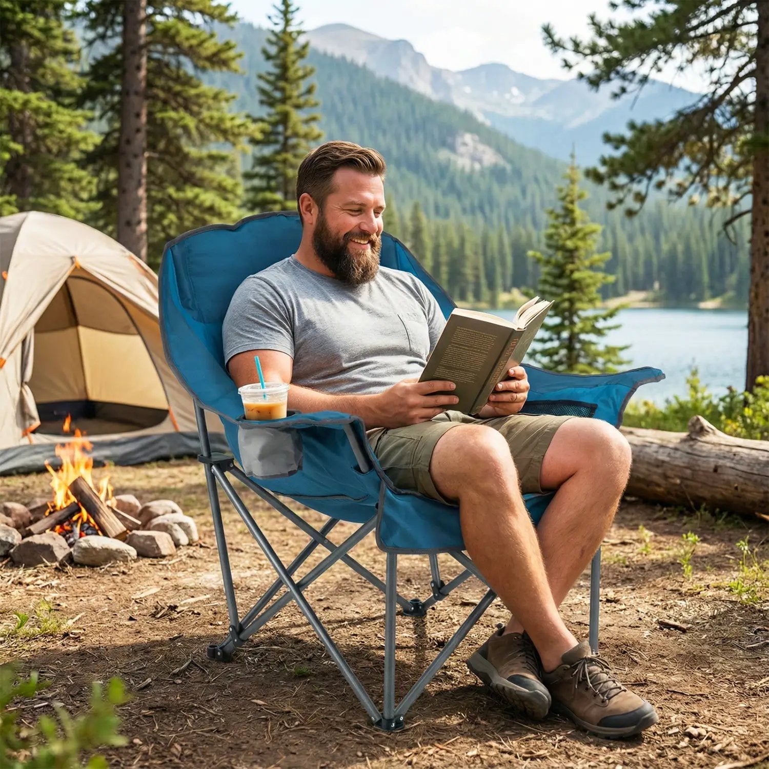 Folding Oversized Camping Chair with Side Pockets and Cup Holder by DirectDeals