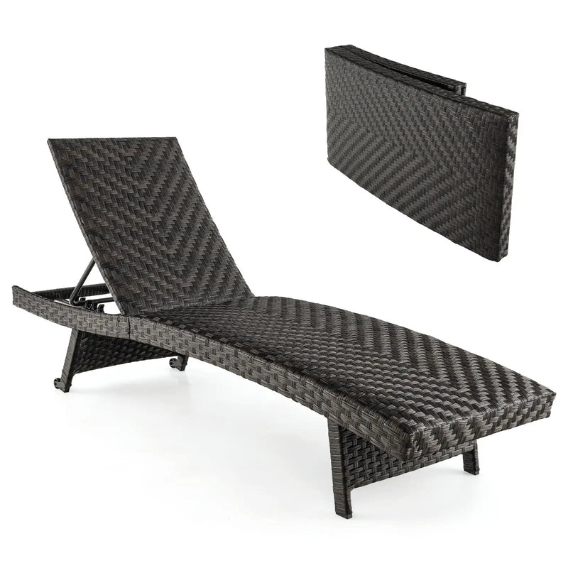 Folding Padded Rattan Patio Chaise Lounge with Adjustable Backrest and Quick Dry Foam All Weather by DirectDeals