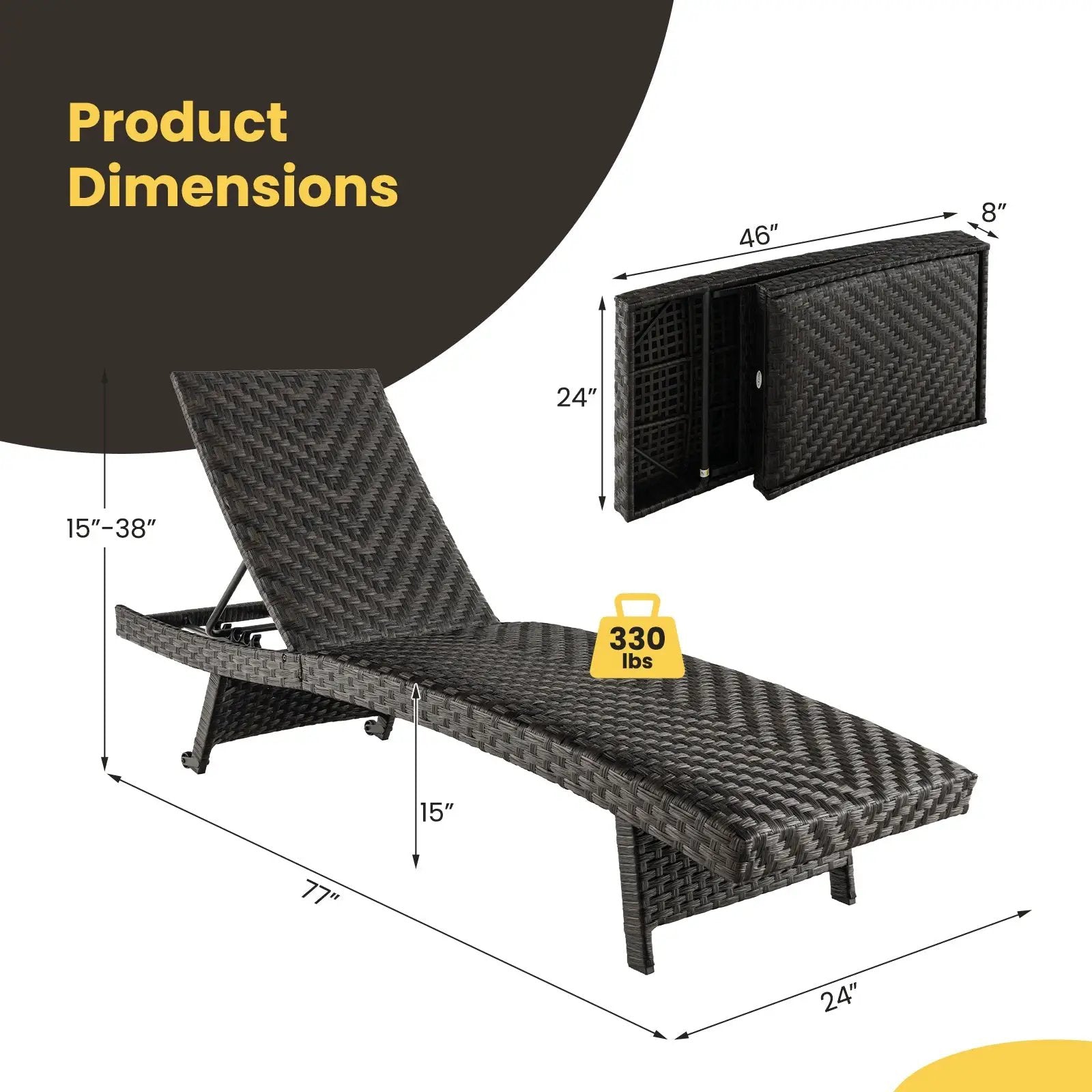 Folding Padded Rattan Patio Chaise Lounge with Adjustable Backrest and Quick Dry Foam All Weather by DirectDeals