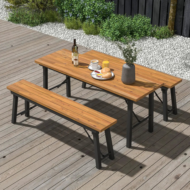 Folding Picnic Table Acacia Wood Dining Table with Metal Frame for Indoor Outdoor Activities by DirectDeals