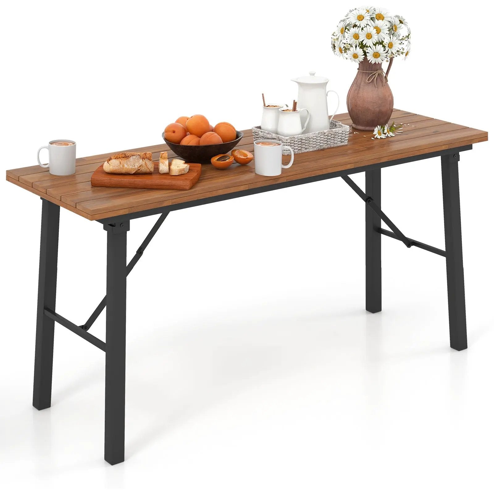 Folding Picnic Table Acacia Wood Dining Table with Metal Frame for Indoor Outdoor Activities by DirectDeals