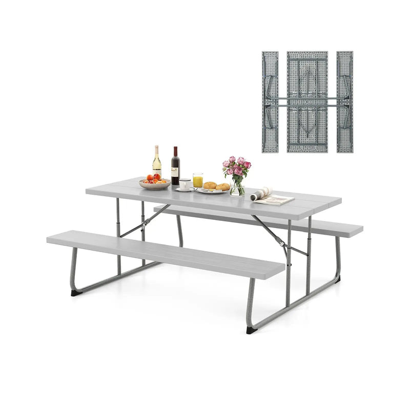 Folding Picnic Table Set with Metal Frame and All-Weather HDPE Tabletop Umbrella Hole by DirectDeals