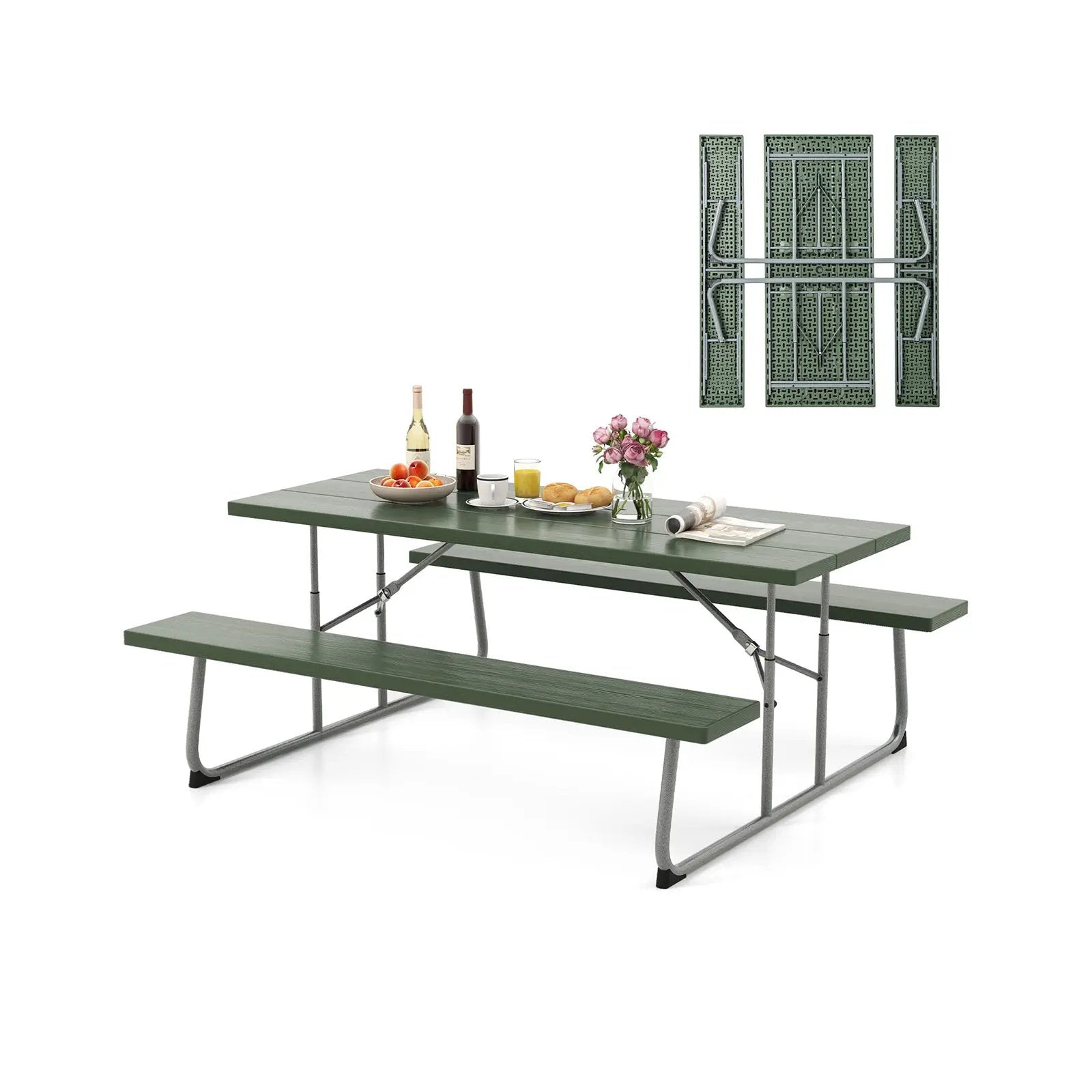 Folding Picnic Table Set with Metal Frame and All-Weather HDPE Tabletop Umbrella Hole by DirectDeals