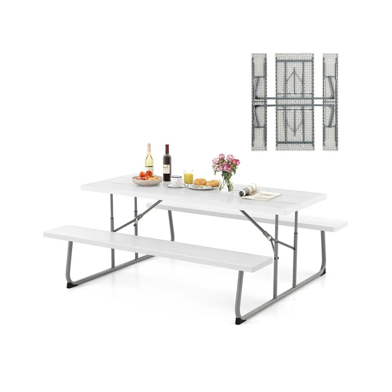 Folding Picnic Table Set with Metal Frame and All-Weather HDPE Tabletop Umbrella Hole by DirectDeals
