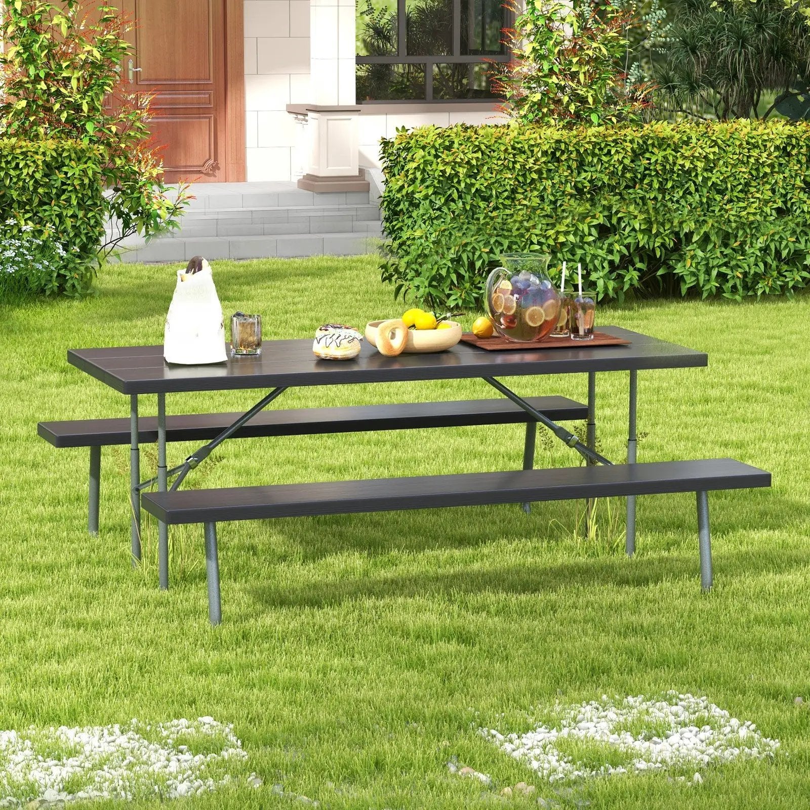 Folding Picnic Table Set with Metal Frame and All-Weather HDPE Tabletop Umbrella Hole by DirectDeals