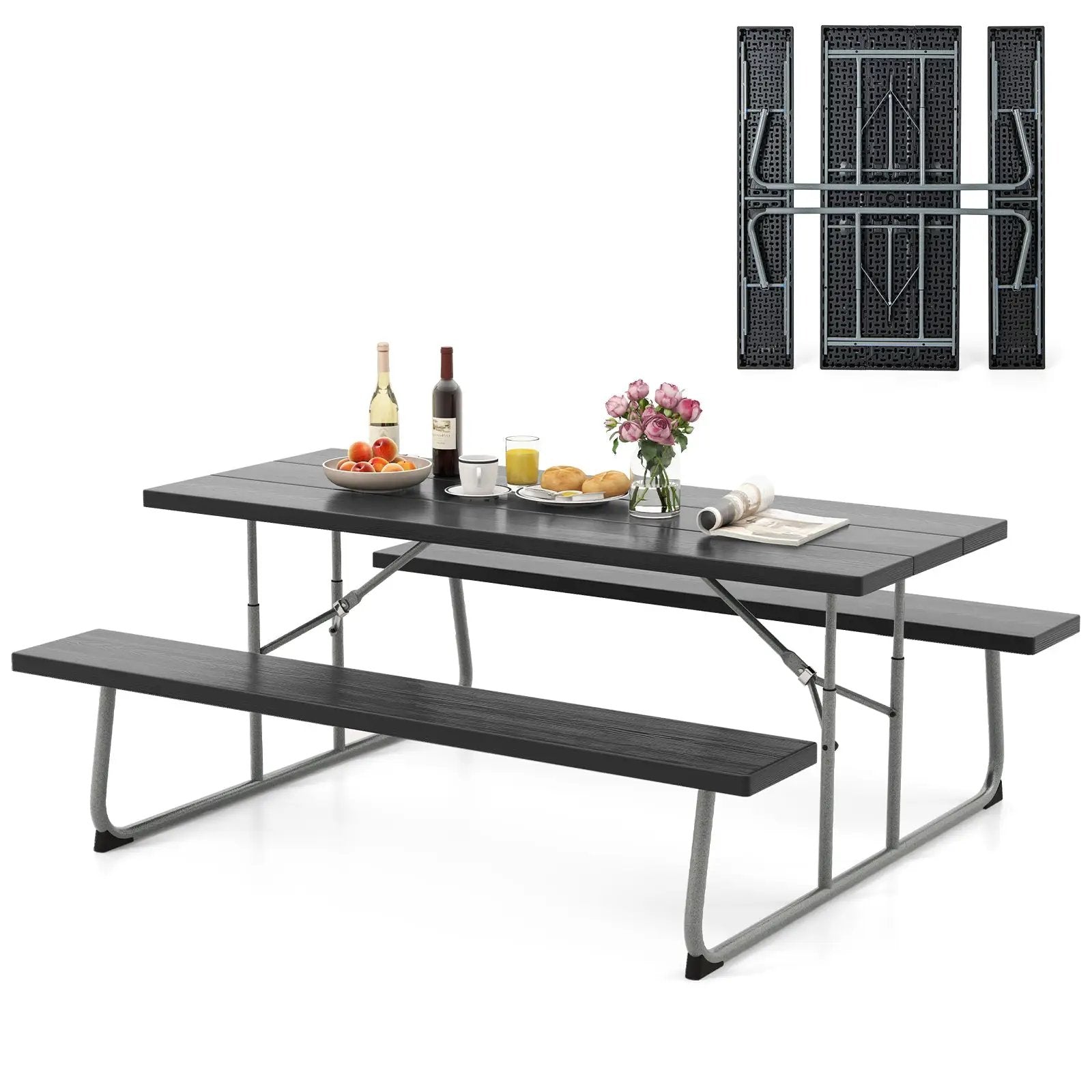 Folding Picnic Table Set with Metal Frame and All-Weather HDPE Tabletop Umbrella Hole by DirectDeals