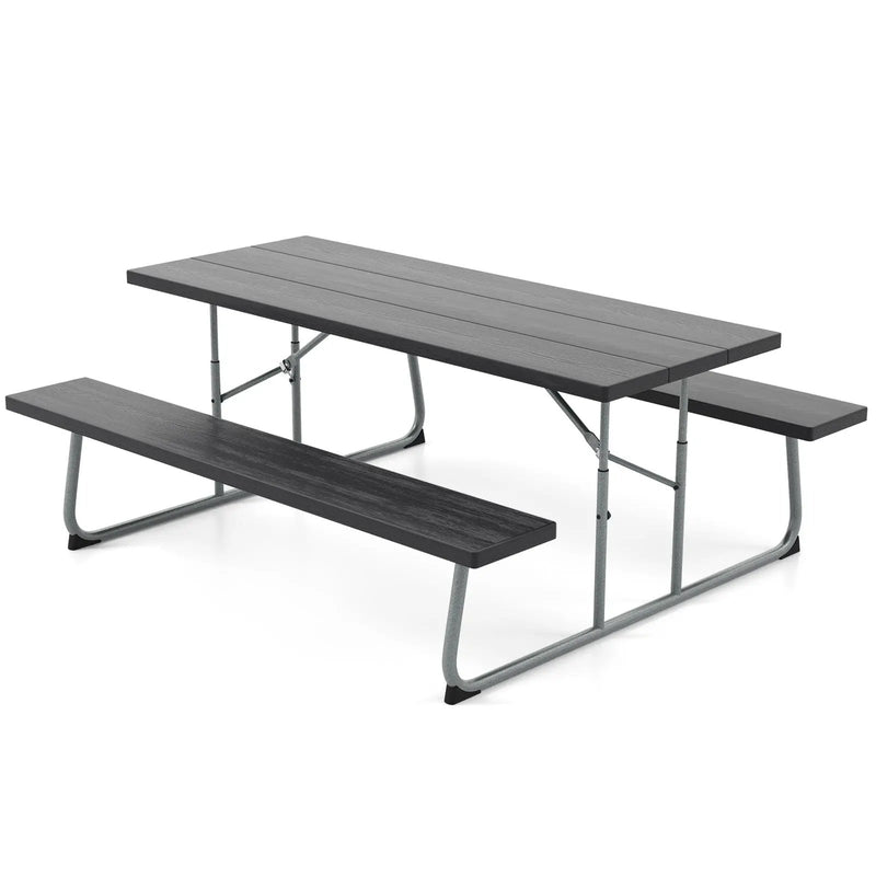 Folding Picnic Table Set with Metal Frame and All-Weather HDPE Tabletop Umbrella Hole by DirectDeals