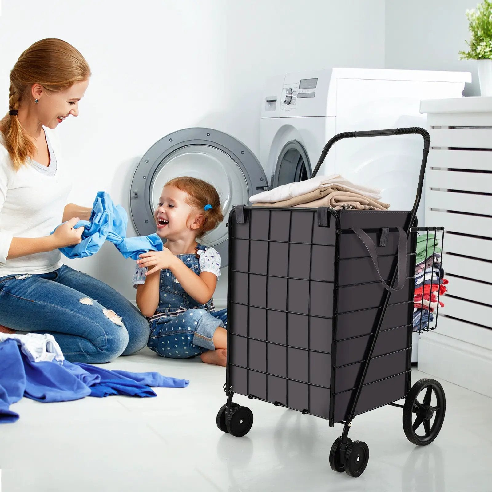 Folding Rolling Shopping Cart with Waterproof Liner and Basket-Black by DirectDeals