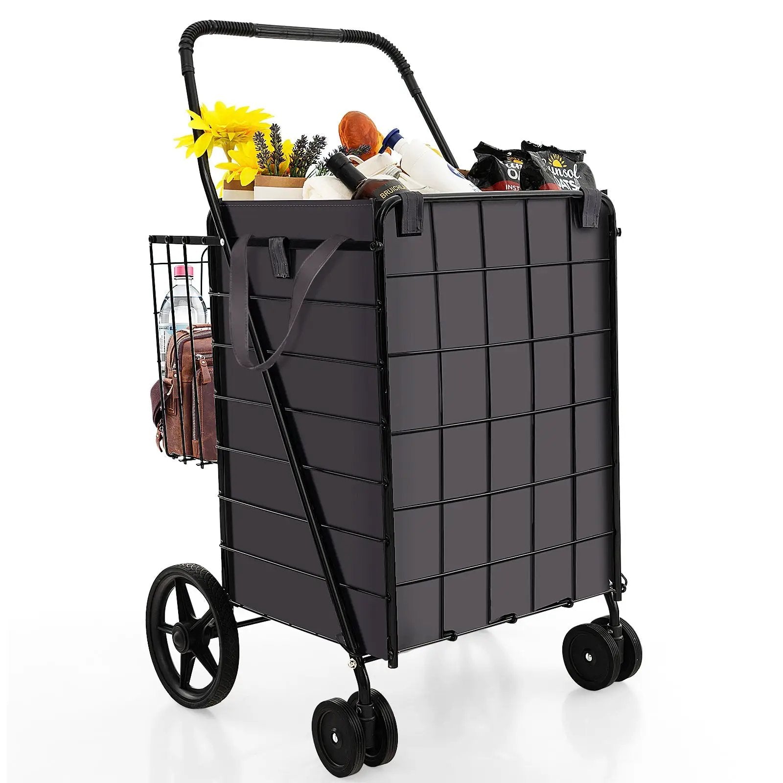 Folding Rolling Shopping Cart with Waterproof Liner and Basket-Black by DirectDeals
