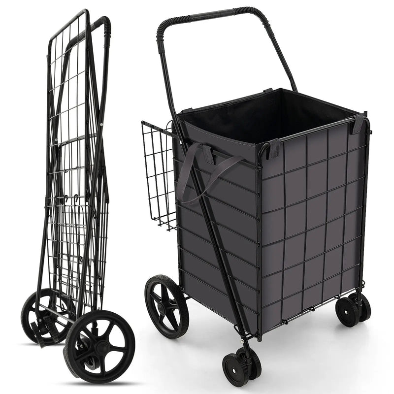 Folding Rolling Shopping Cart with Waterproof Liner and Basket-Black by DirectDeals