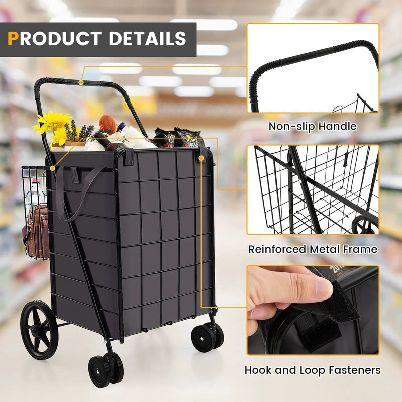 Folding Rolling Shopping Cart with Waterproof Liner and Basket-Black by DirectDeals