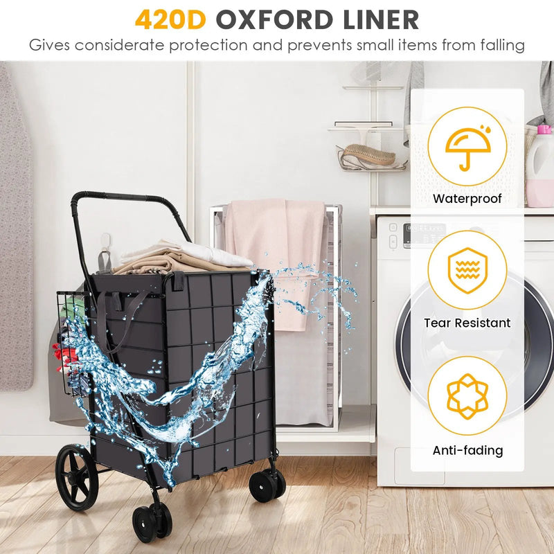 Folding Rolling Shopping Cart with Waterproof Liner and Basket-Black by DirectDeals