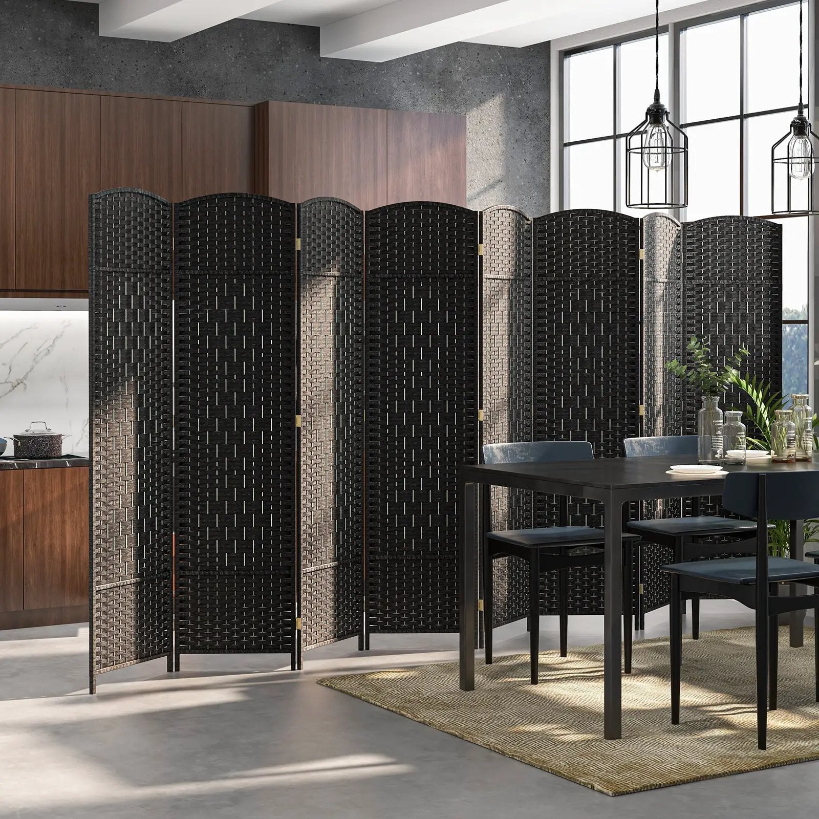 8-Panel Folding Room Divider with Hand-Woven Texture and Solid Wood Frame by DirectDeals