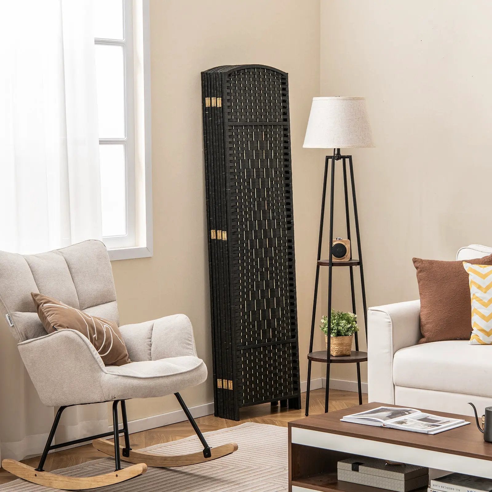 8-Panel Folding Room Divider with Hand-Woven Texture and Solid Wood Frame by DirectDeals