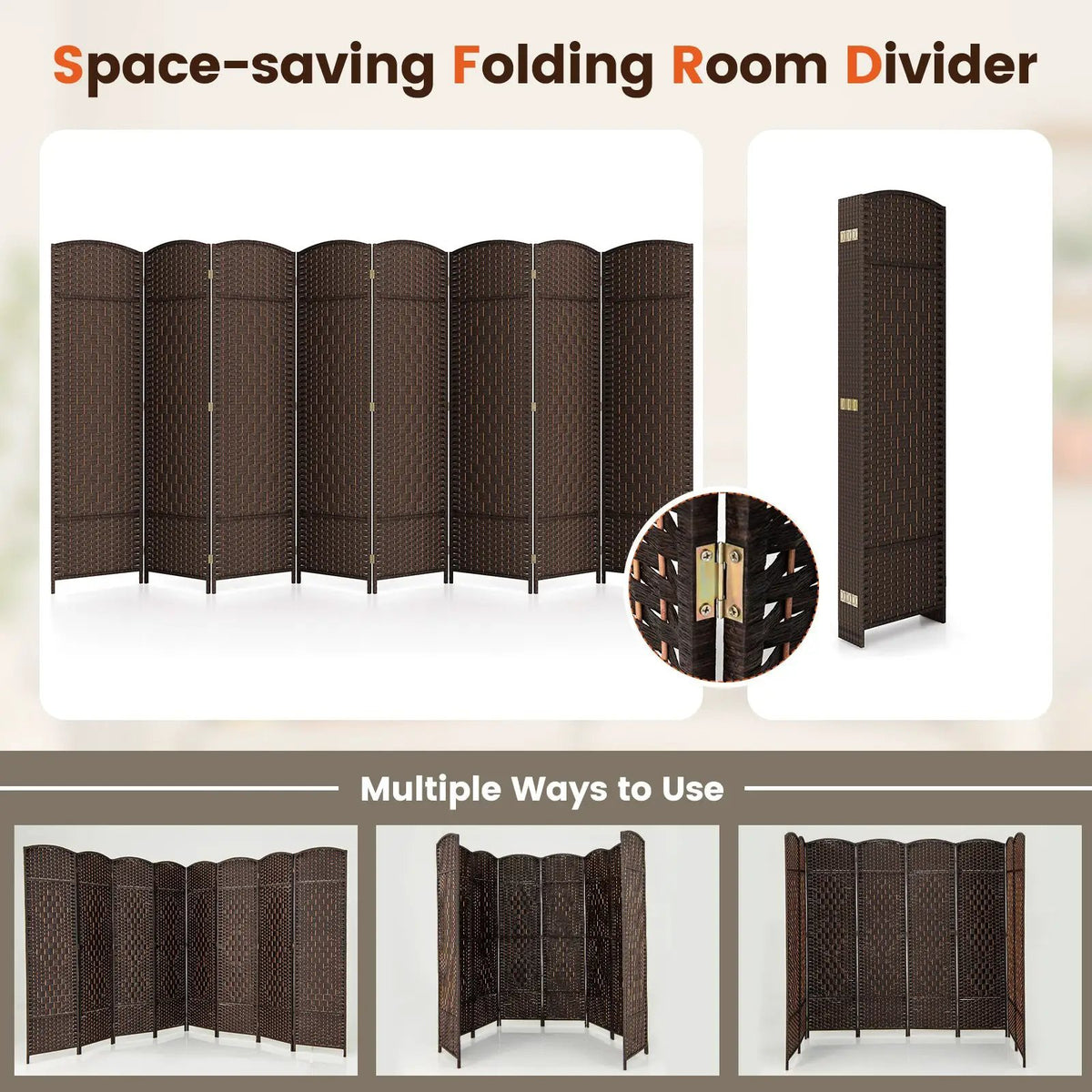 8-Panel Folding Room Divider with Hand-Woven Texture and Solid Wood Frame, photo 13 of 16
