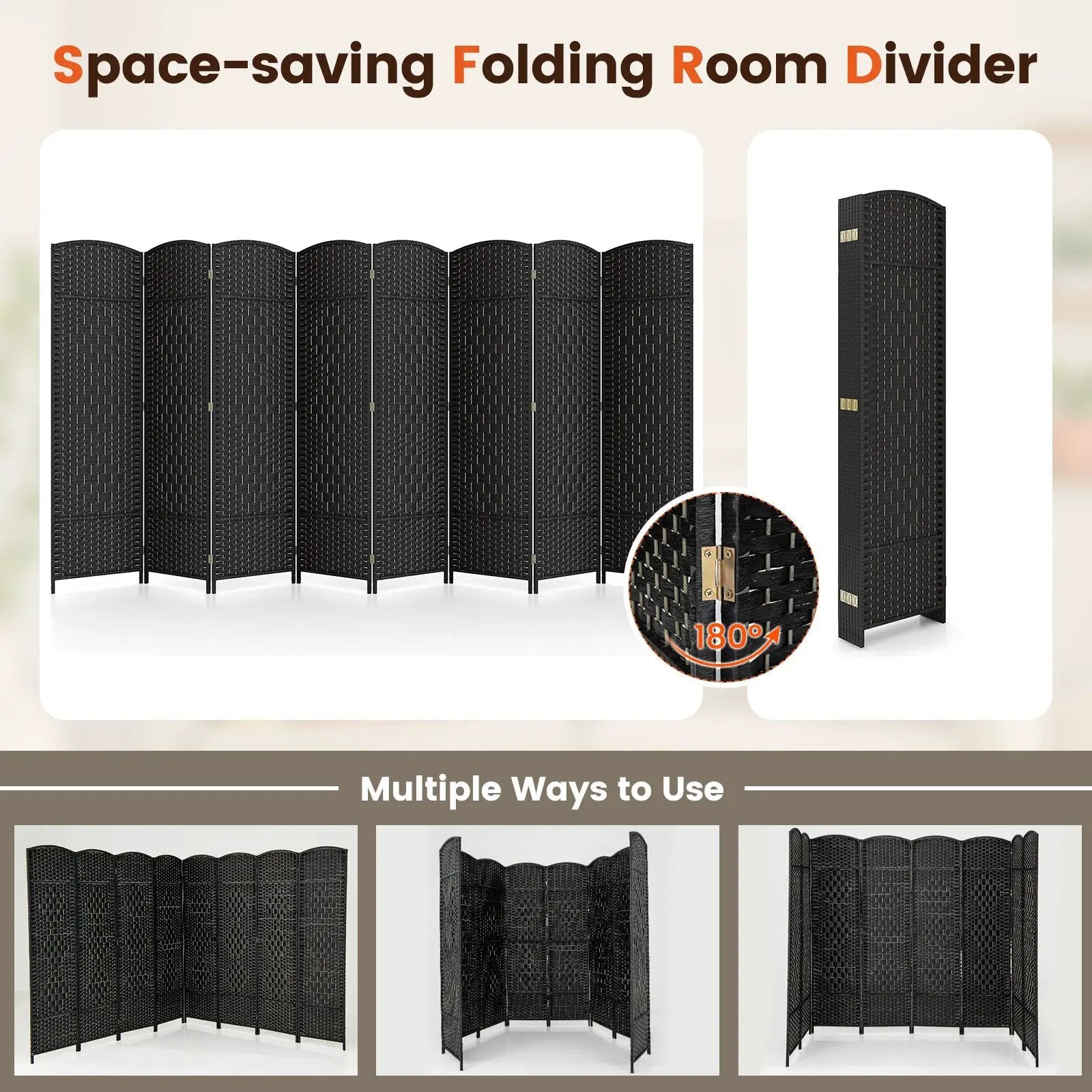 8-Panel Folding Room Divider with Hand-Woven Texture and Solid Wood Frame by DirectDeals