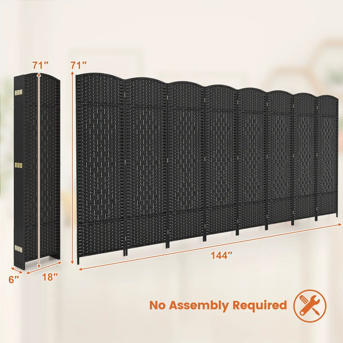8-Panel Folding Room Divider with Hand-Woven Texture and Solid Wood Frame, photo 8 of 16