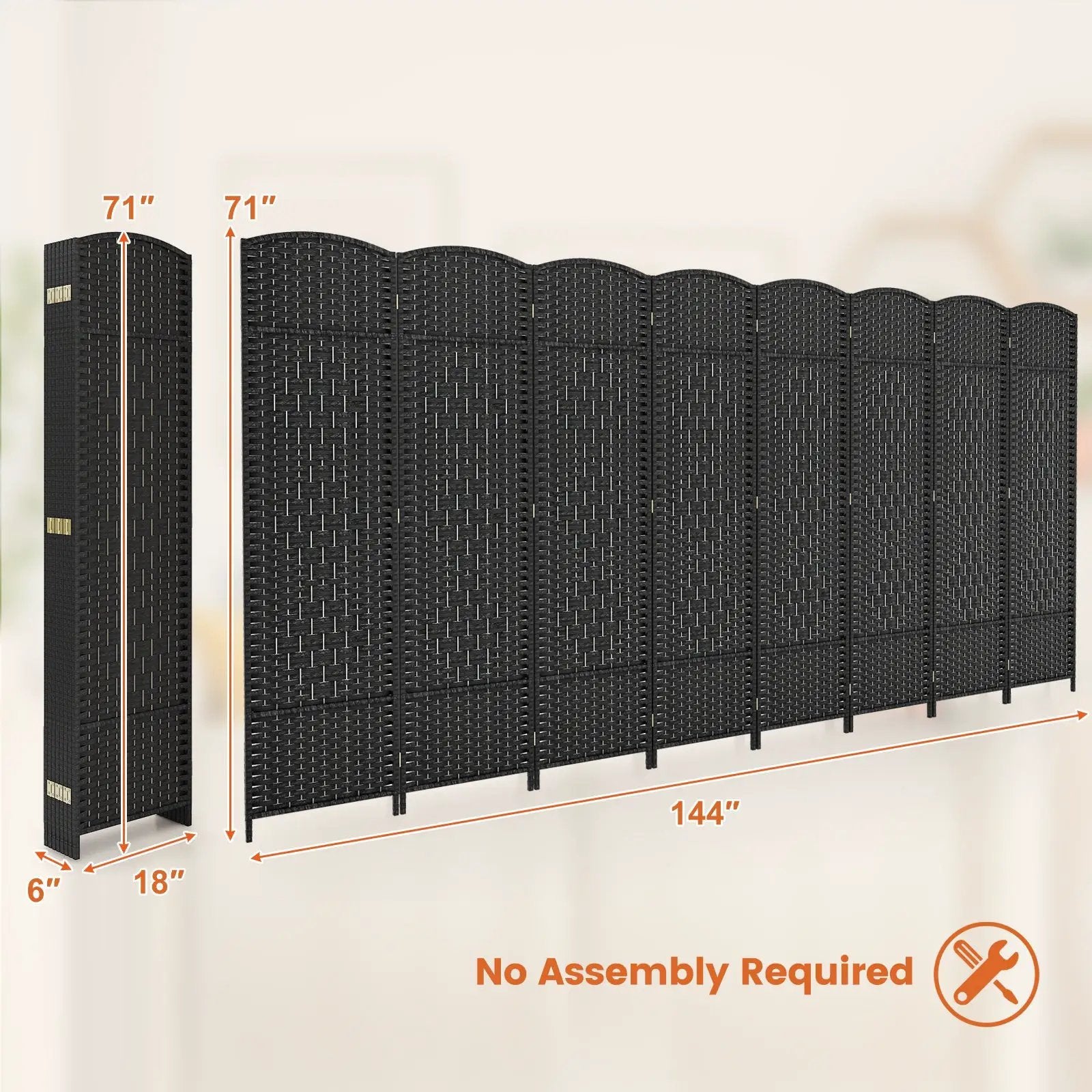 8-Panel Folding Room Divider with Hand-Woven Texture and Solid Wood Frame by DirectDeals