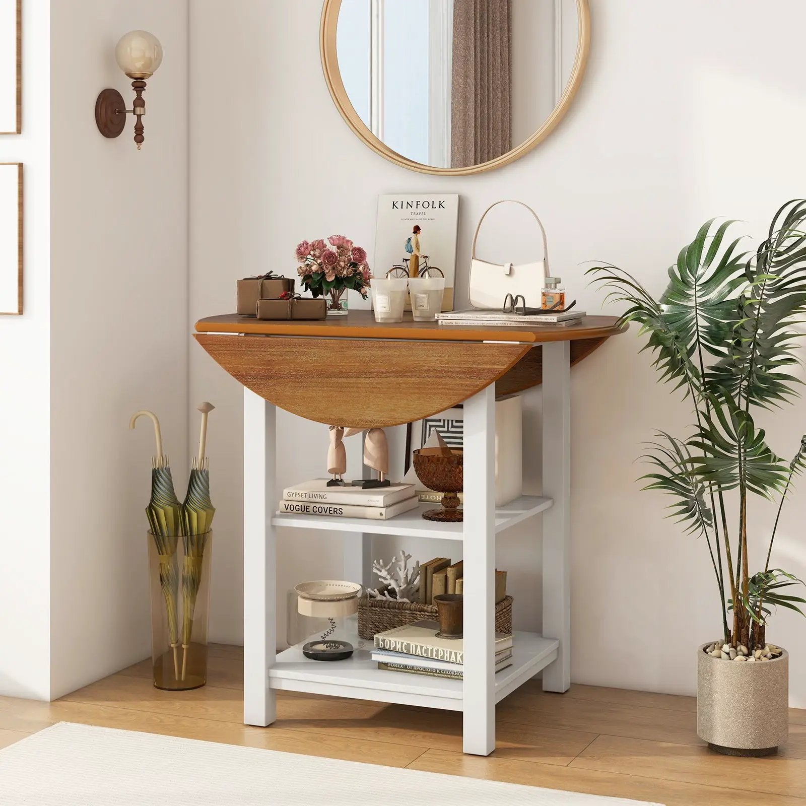 Folding Round Dining Table Drop Leaf Table with 2 Shelves for Small Spaces-White by DirectDeals