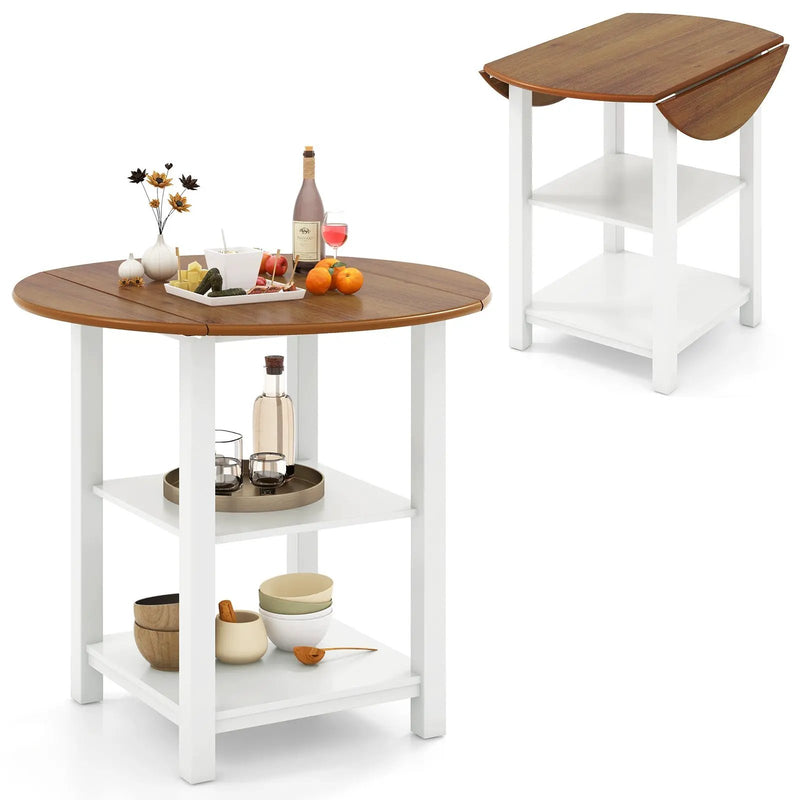 Folding Round Dining Table Drop Leaf Table with 2 Shelves for Small Spaces-White by DirectDeals