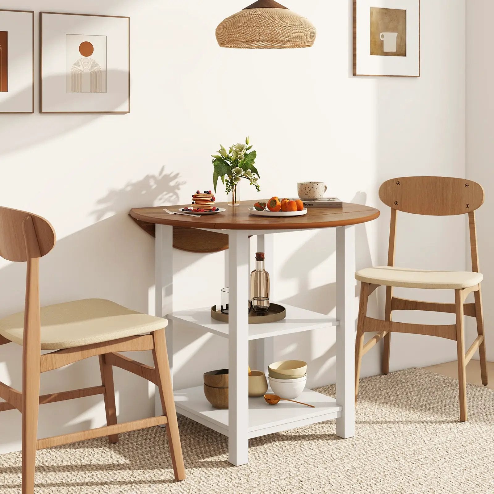 Folding Round Dining Table Drop Leaf Table with 2 Shelves for Small Spaces-White by DirectDeals