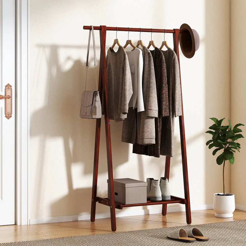 Folding Rubber Wood Clothes Hanging Rack Standing Garment Rack with Bottom Storage Shelf-Walnut by DirectDeals