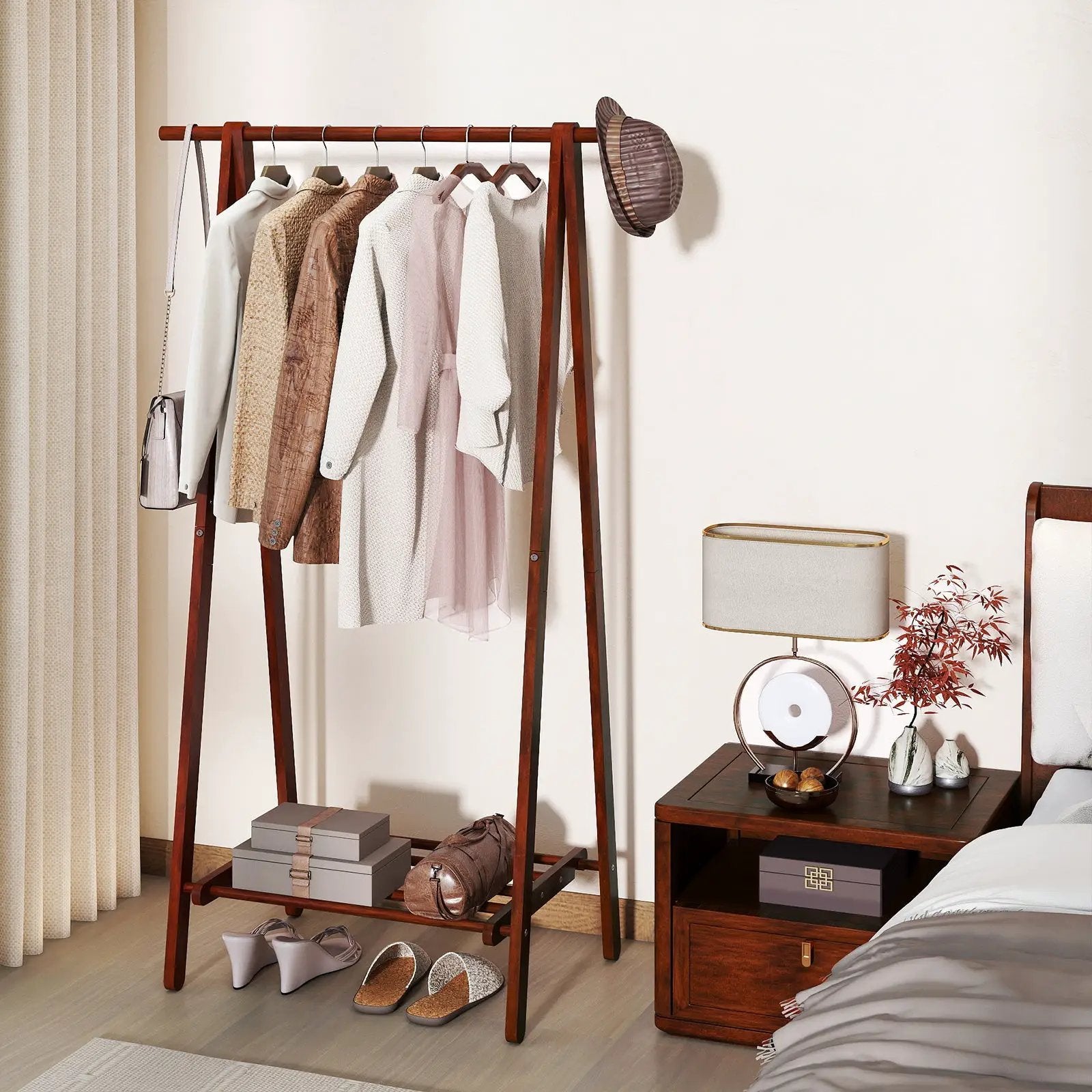 Folding Rubber Wood Clothes Hanging Rack Standing Garment Rack with Bottom Storage Shelf-Walnut by DirectDeals