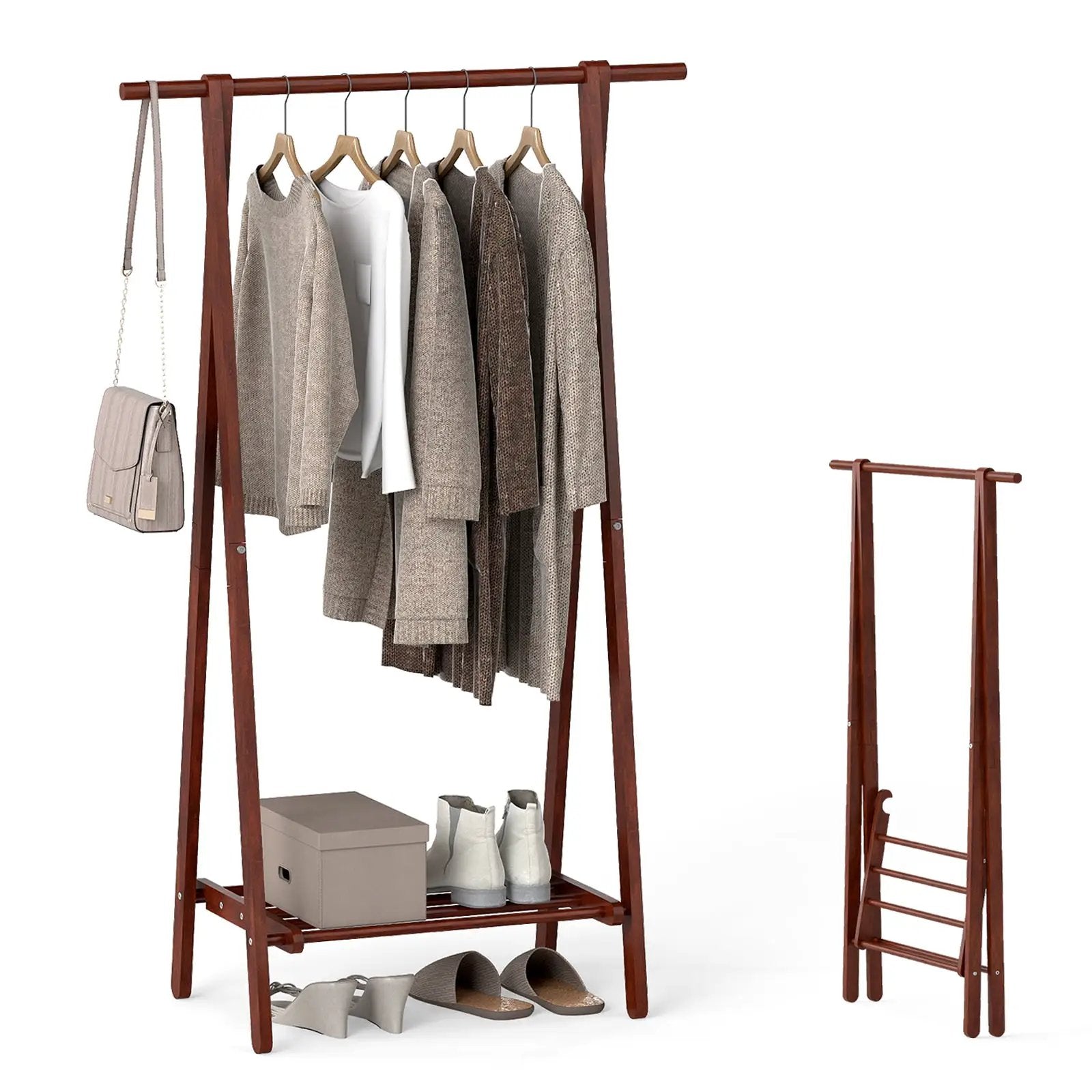 Folding Rubber Wood Clothes Hanging Rack Standing Garment Rack with Bottom Storage Shelf-Walnut by DirectDeals