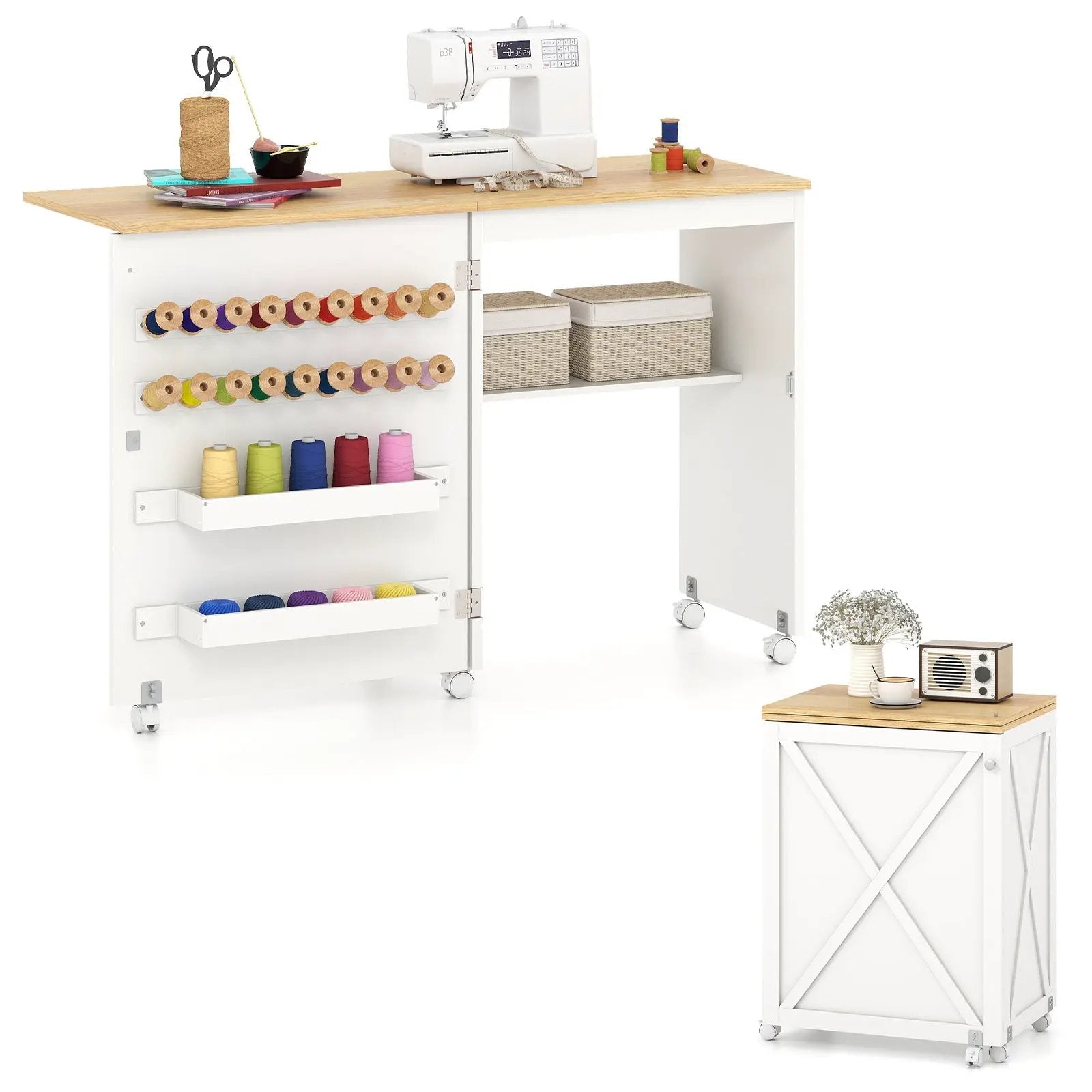 Folding Sewing Table with Storage Shelf and 5 Lockable Wheel by DirectDeals